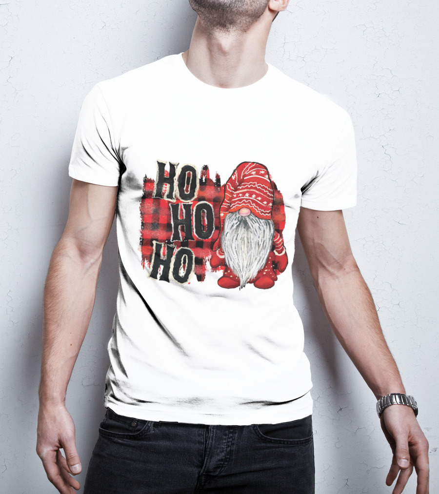 Watercolor Plaid Christmas Gnome Ho Ho Ho Red Holiday T-Shirt