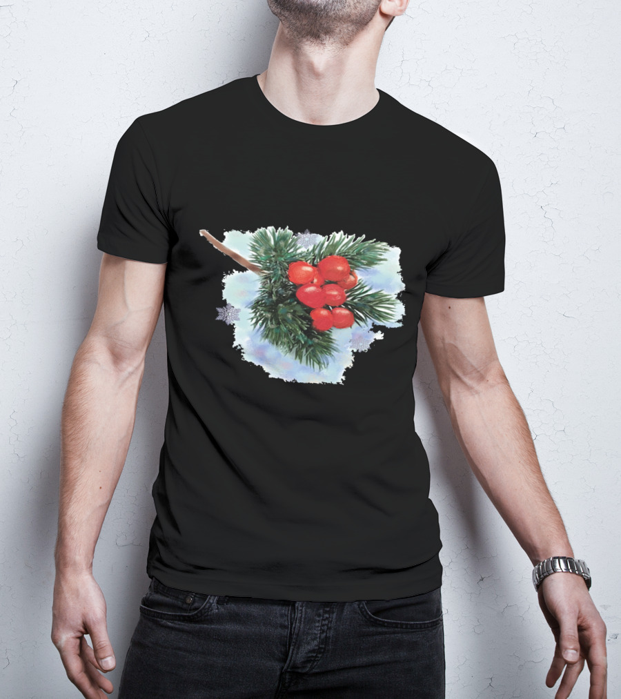 Watercolor Holiday Christmas Holly Berries Branch Pine Needles T-Shirt