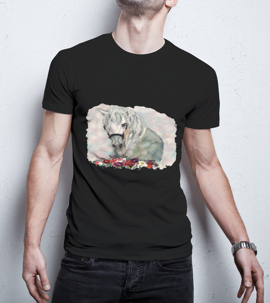 Watercolor White Horse With Floral Accents T-Shirt
