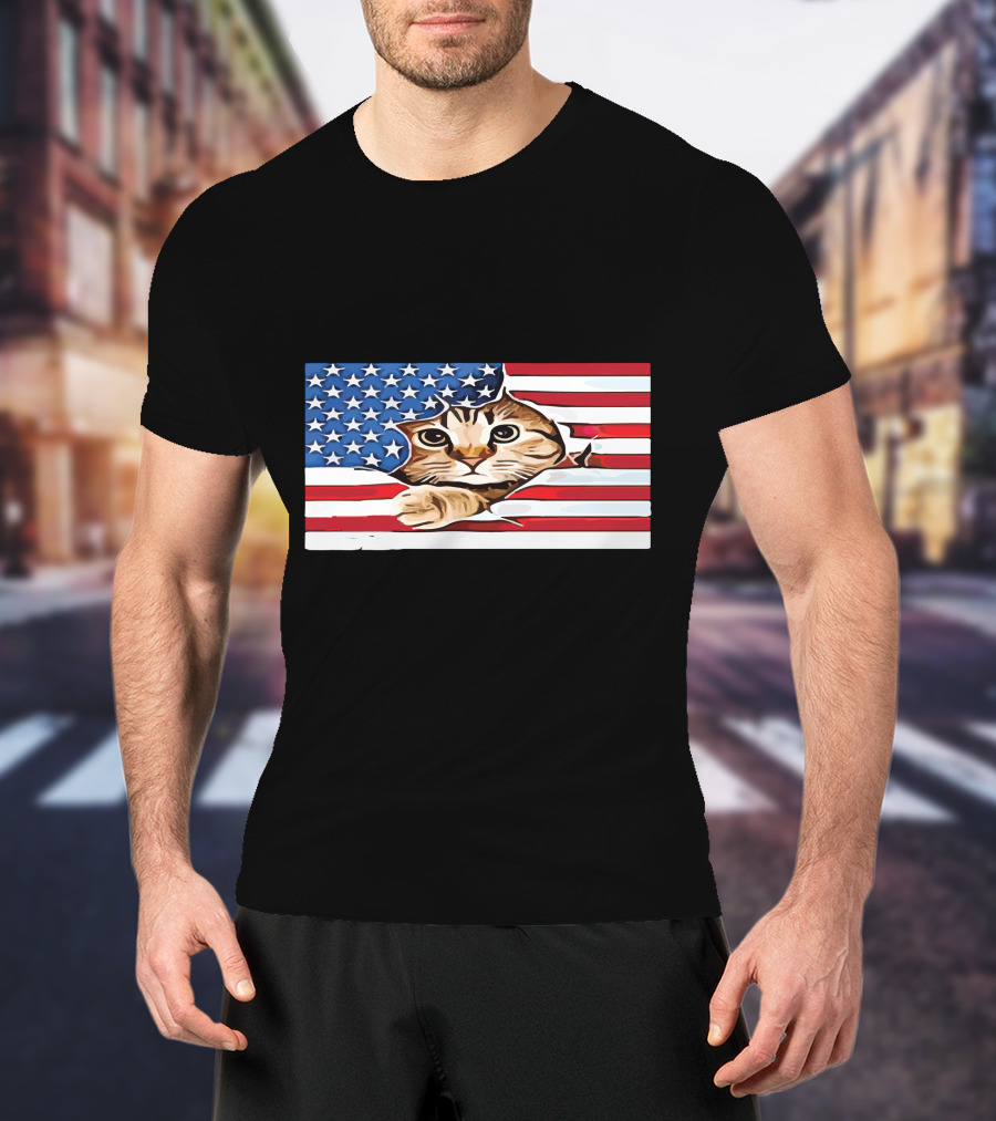 Cat Peeking Through American Flag T-Shirt