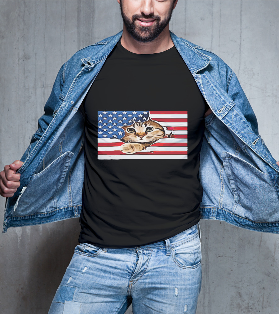 Cat Peeking Through American Flag T-Shirt