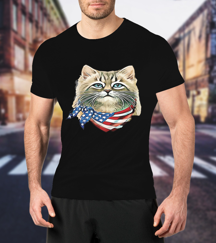 Fluffy Cat Wearing Stars And Stripes Flag Bandana T-Shirt