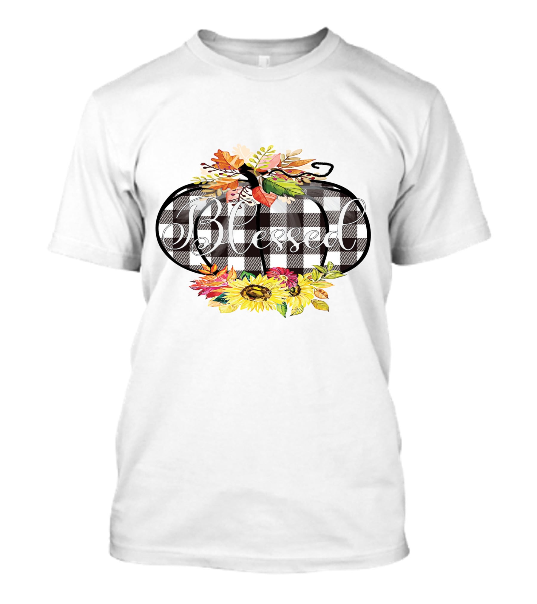 Blessed Buffalo Plaid Pumpkin With Sunflowers And Autumn Leaves T-Shirt