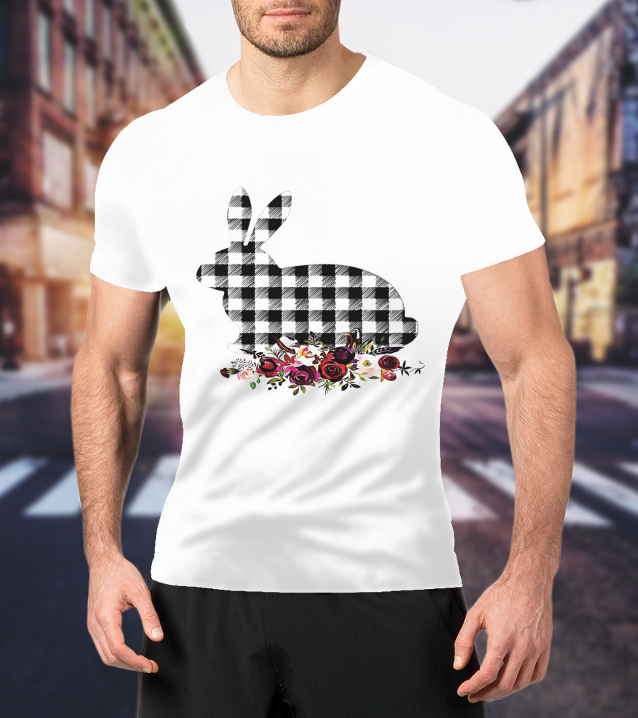 Bunny Black White Plaid Floral Roses T-Shirt
