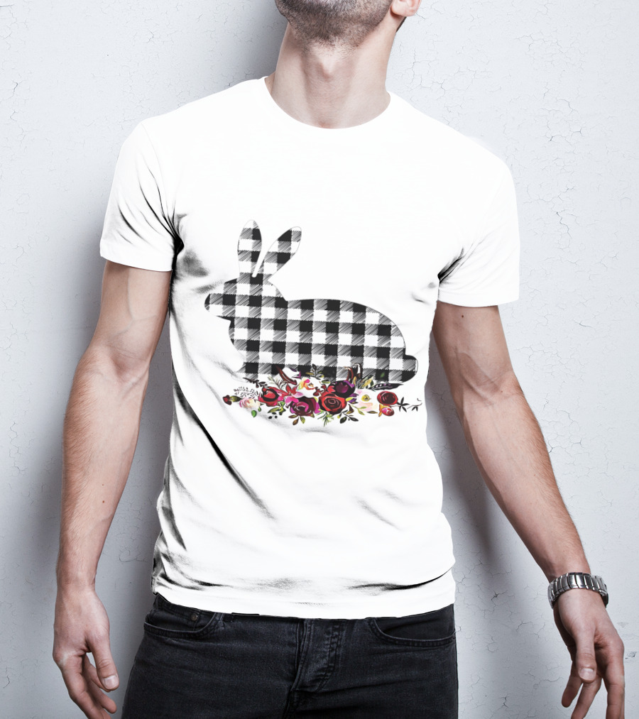 Bunny Black White Plaid Floral Roses T-Shirt