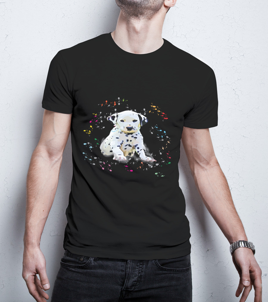 Dalmatian Puppy Surrounded By Splashes Of Colorful Snow T-Shirt