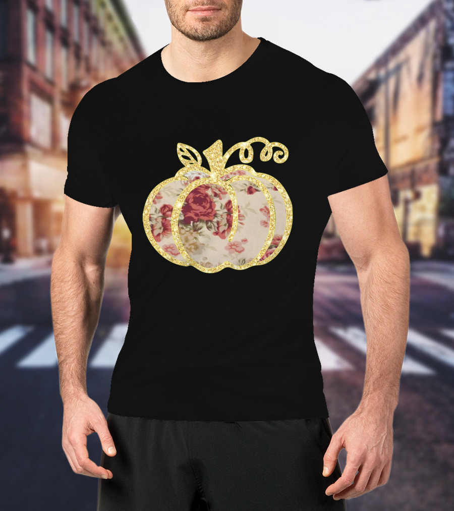 Glitter Floral Pumpkin Gold Trim T-Shirt