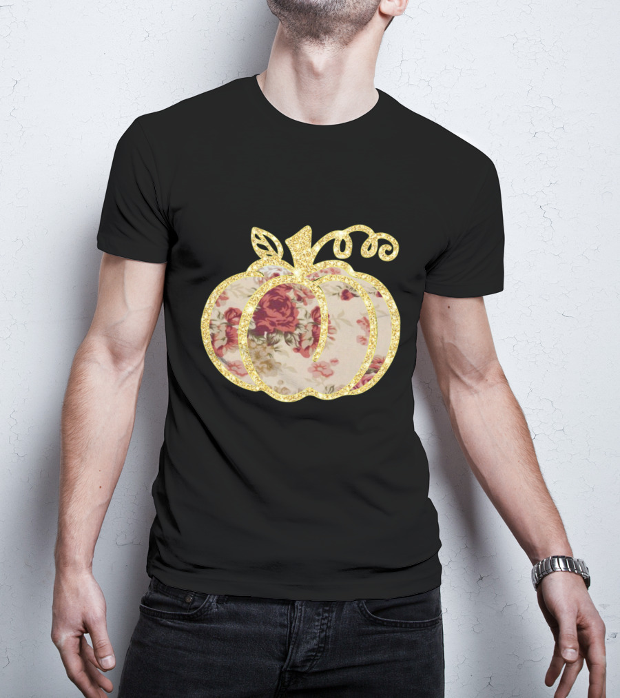Glitter Floral Pumpkin Gold Trim T-Shirt