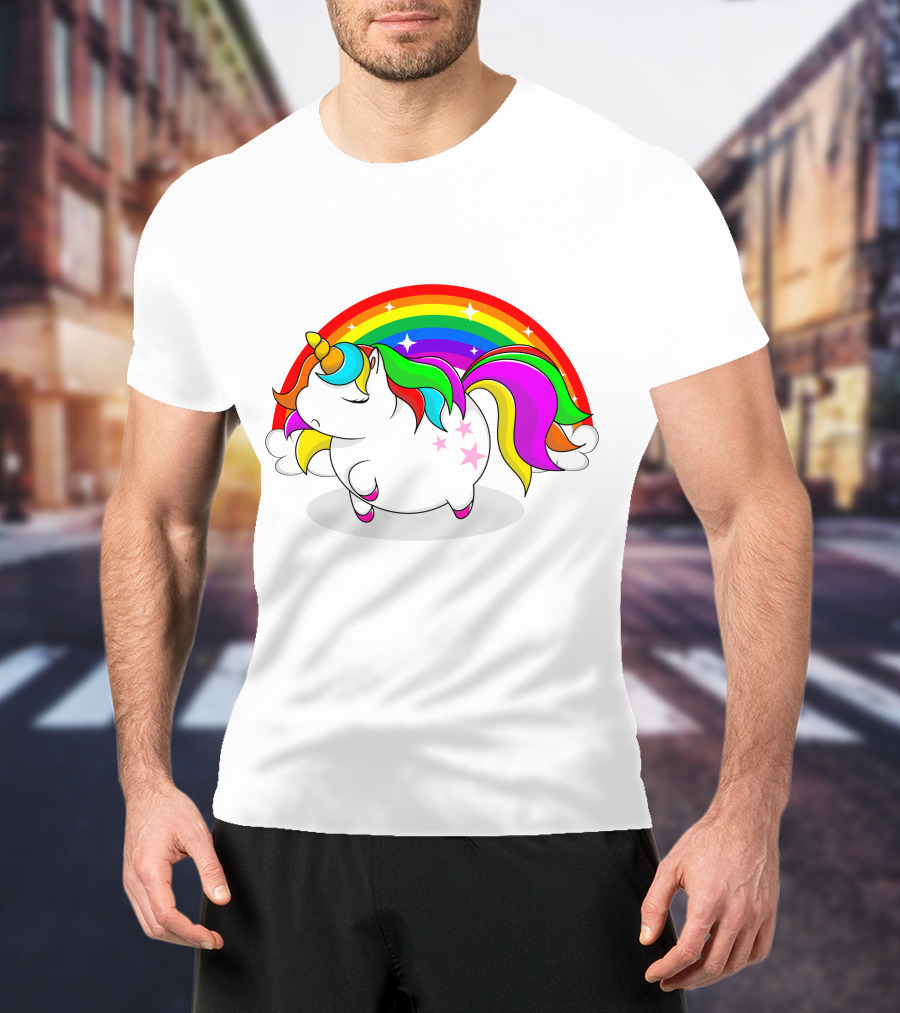 Cute Fat Unicorn With Rainbow Mane And Stars T-Shirt