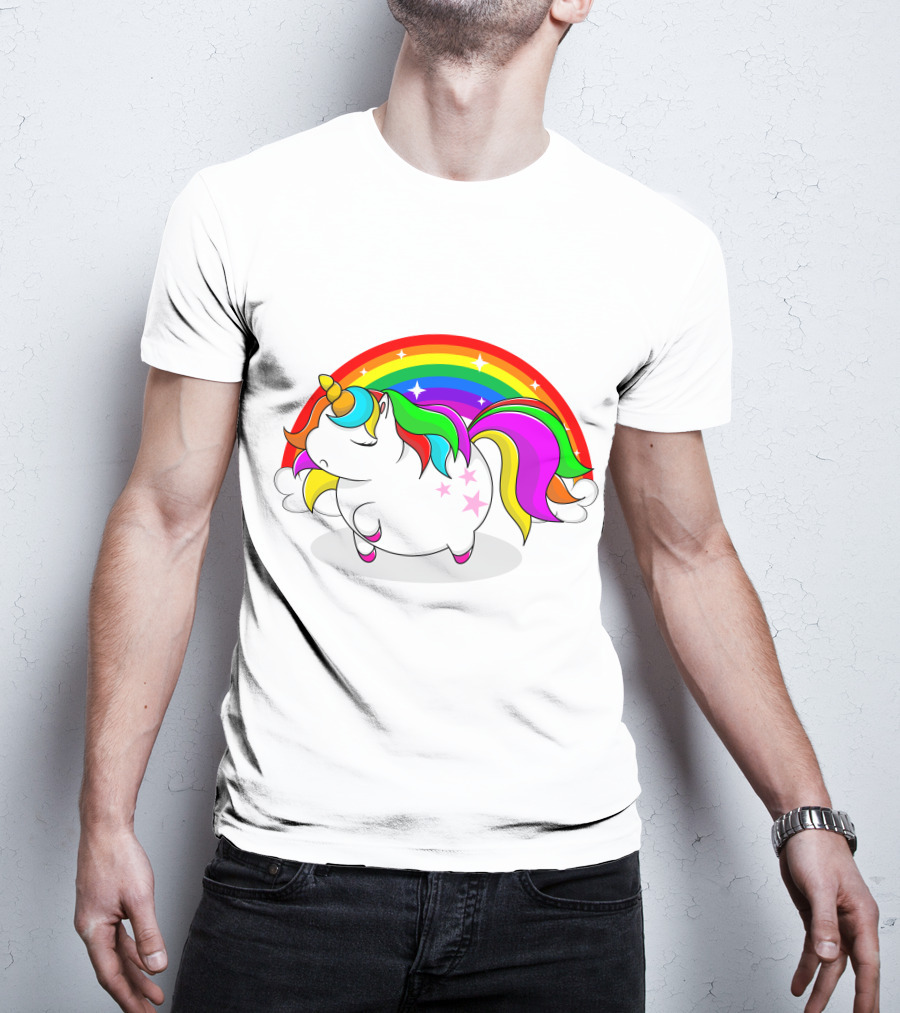 Cute Fat Unicorn With Rainbow Mane And Stars T-Shirt