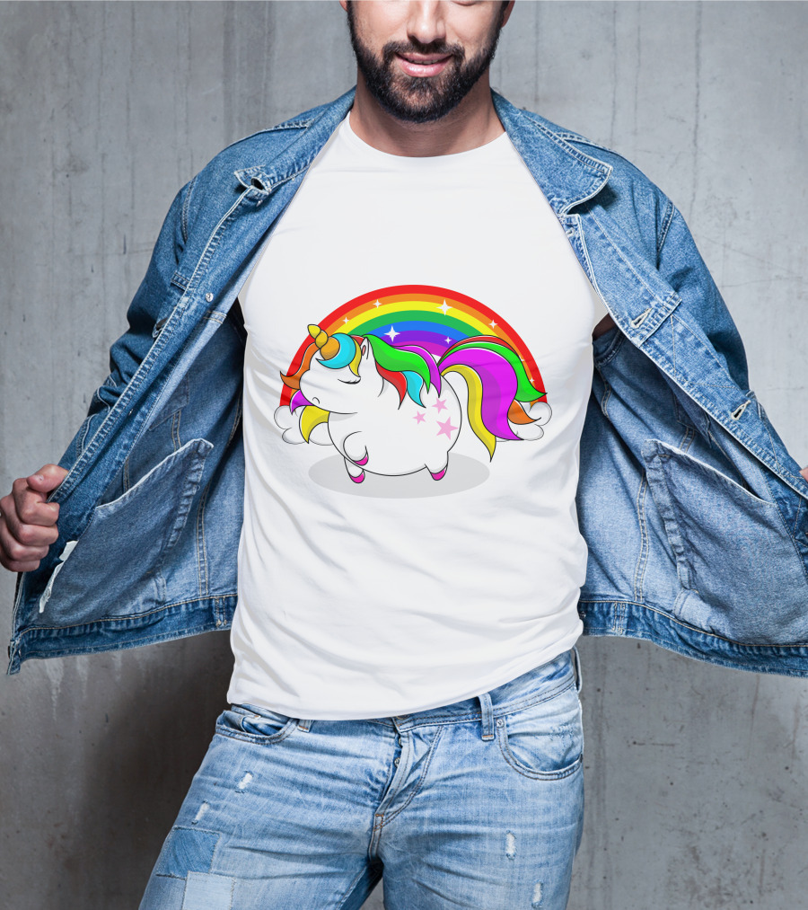 Cute Fat Unicorn With Rainbow Mane And Stars T-Shirt