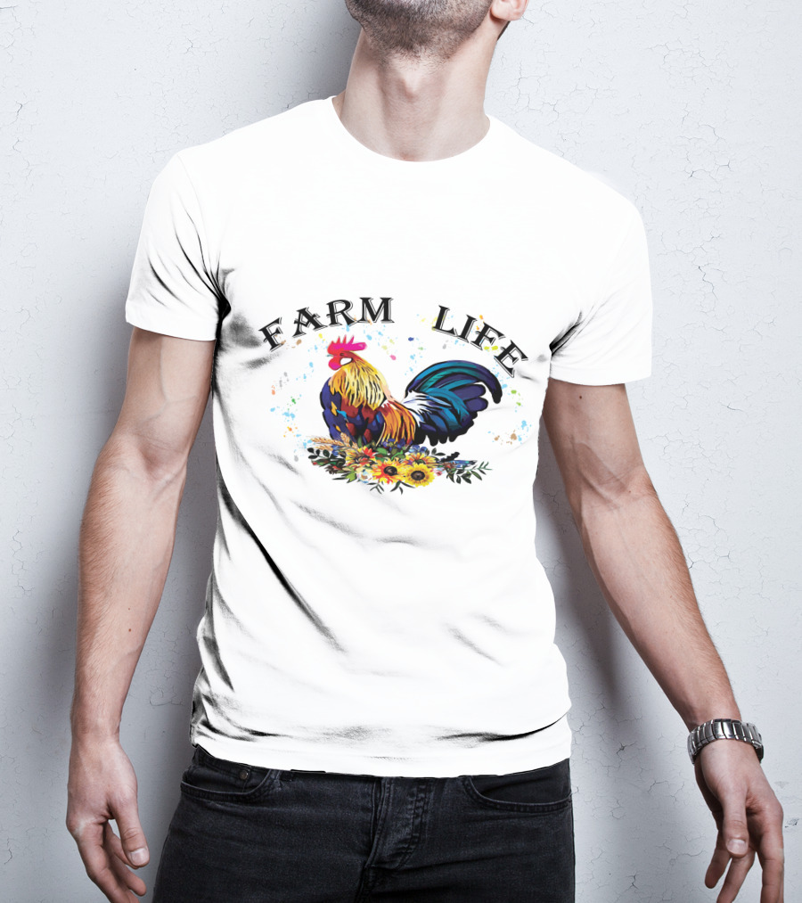Farm Life Colorful Rooster Floral T-Shirt