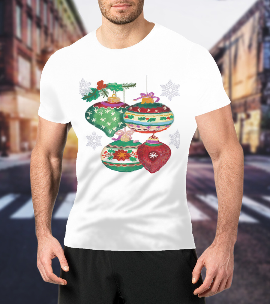 Watercolor Christmas Balls Snowflake Ornaments With Holly And Ribbon Accents T-Shirt