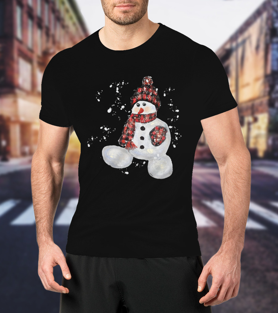 Watercolor Snowman Buffalo Plaid Hat And Scarf With Snowflakes T-Shirt