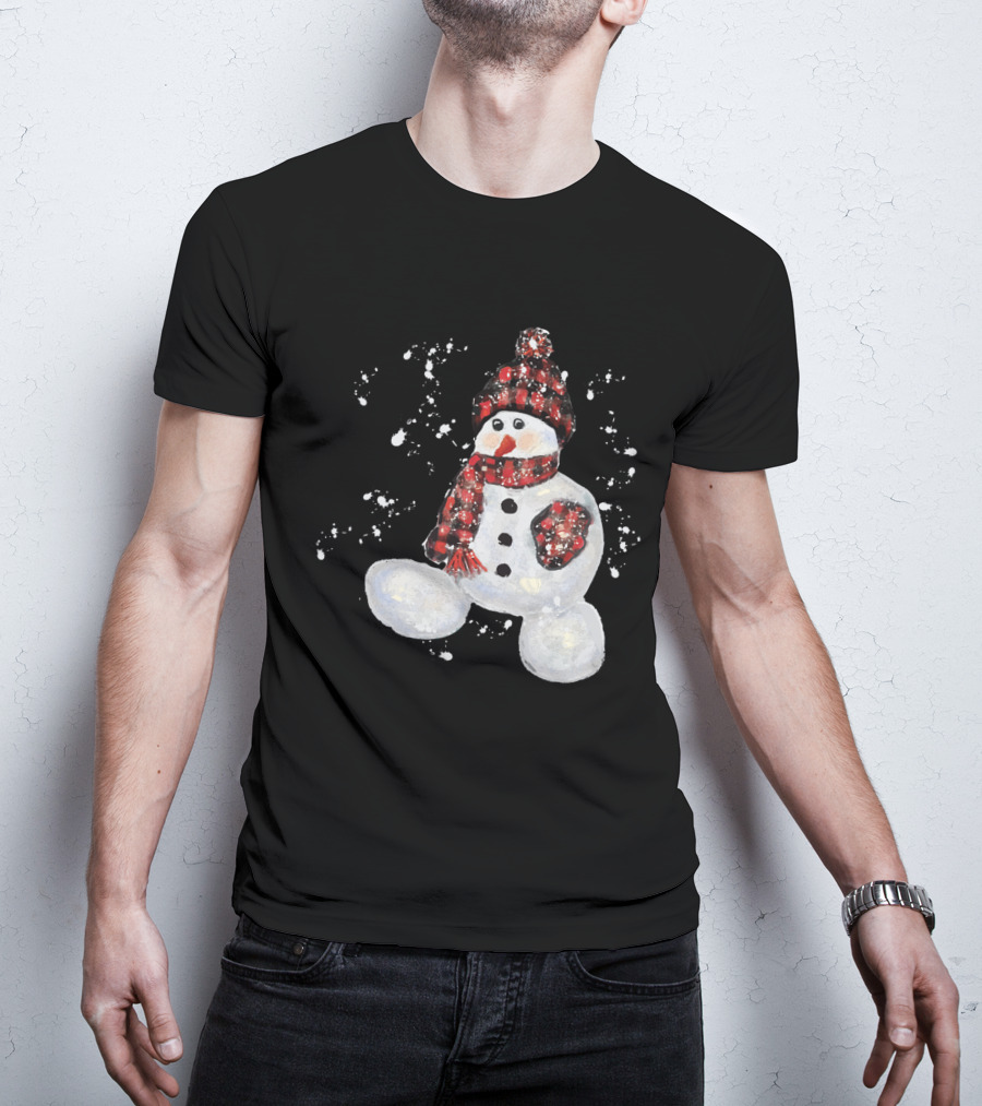 Watercolor Snowman Buffalo Plaid Hat And Scarf With Snowflakes T-Shirt