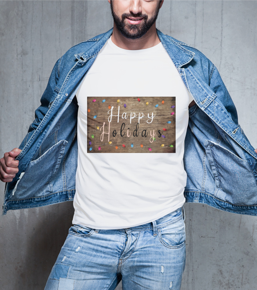 Happy Holidays Christmas Light Rustic Wood Background With Colorful Bulbs T-Shirt