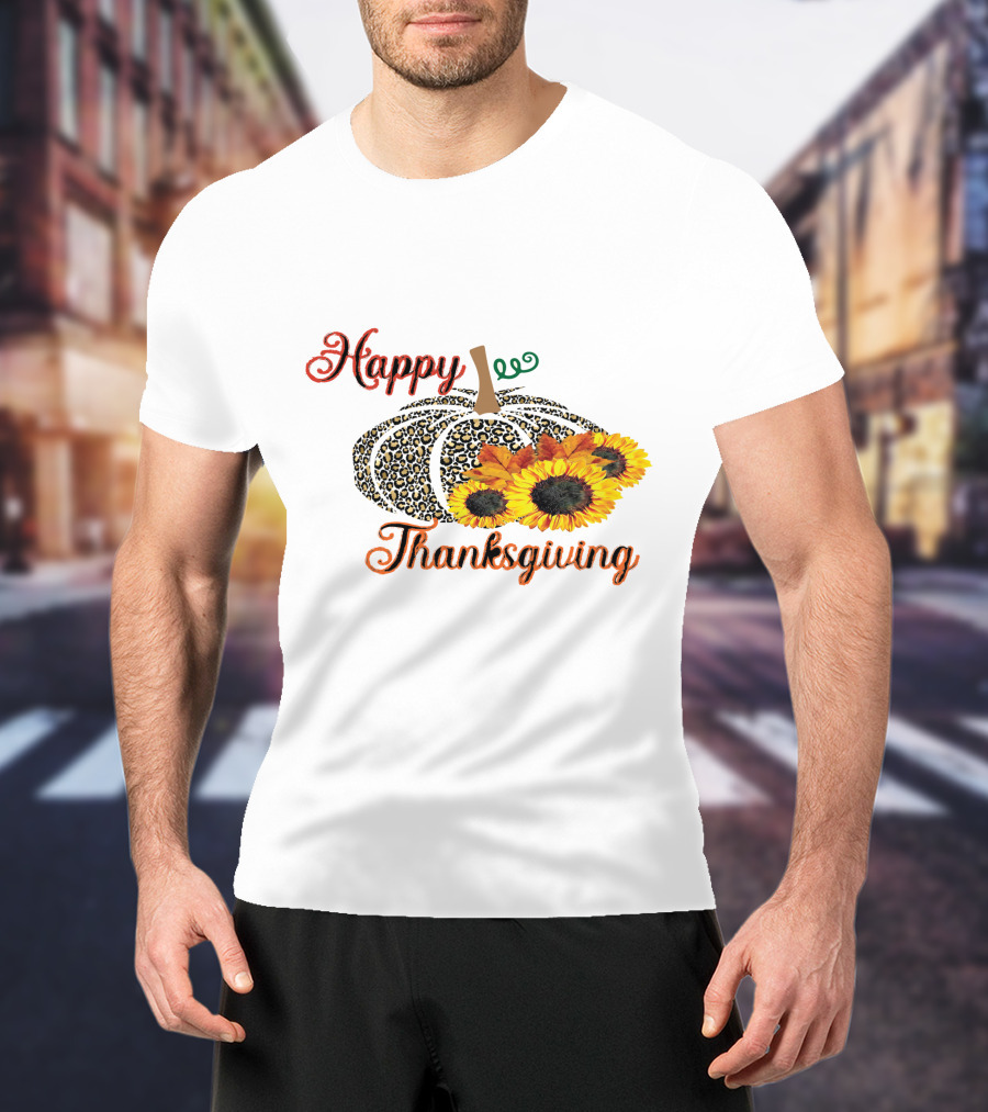 Happy Thanksgiving Leopard Print Pumpkin Sunflowers T-Shirt