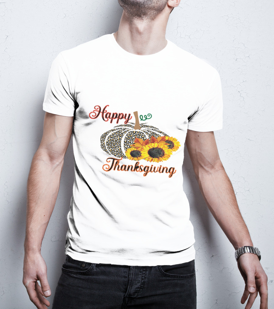 Happy Thanksgiving Leopard Print Pumpkin Sunflowers T-Shirt