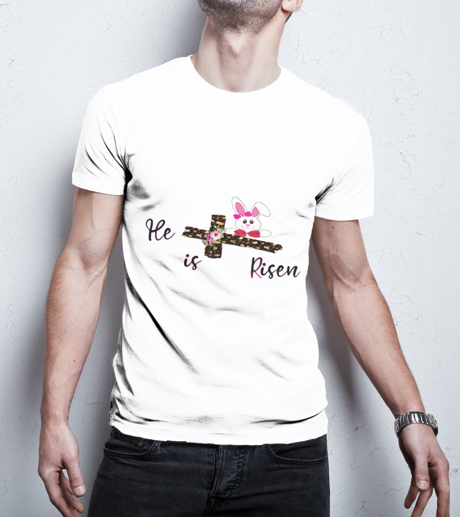 He Is Risen Leopard Print Cross Easter Bunny T-Shirt