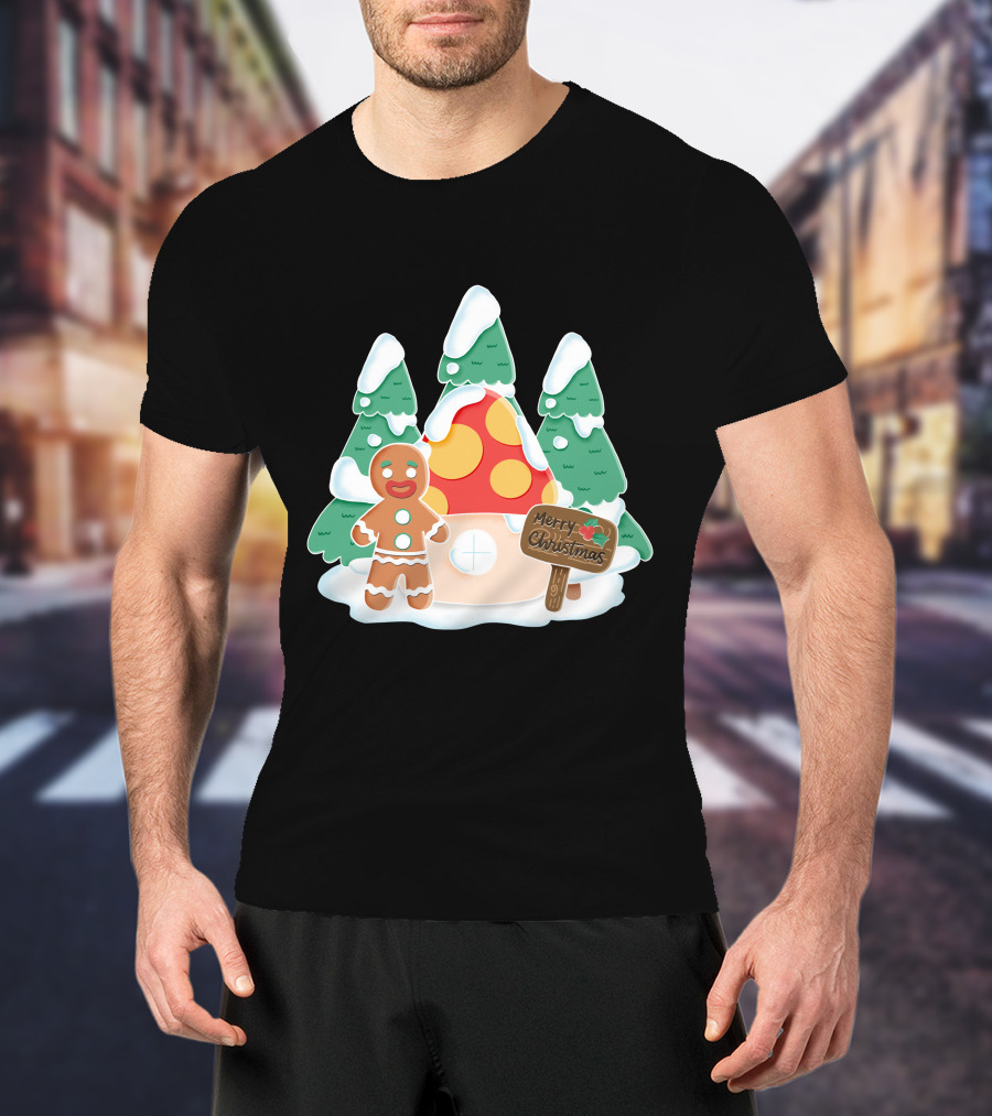 Merry Christmas Gingerman House With Snowy Trees And Mushroom Roof T-Shirt