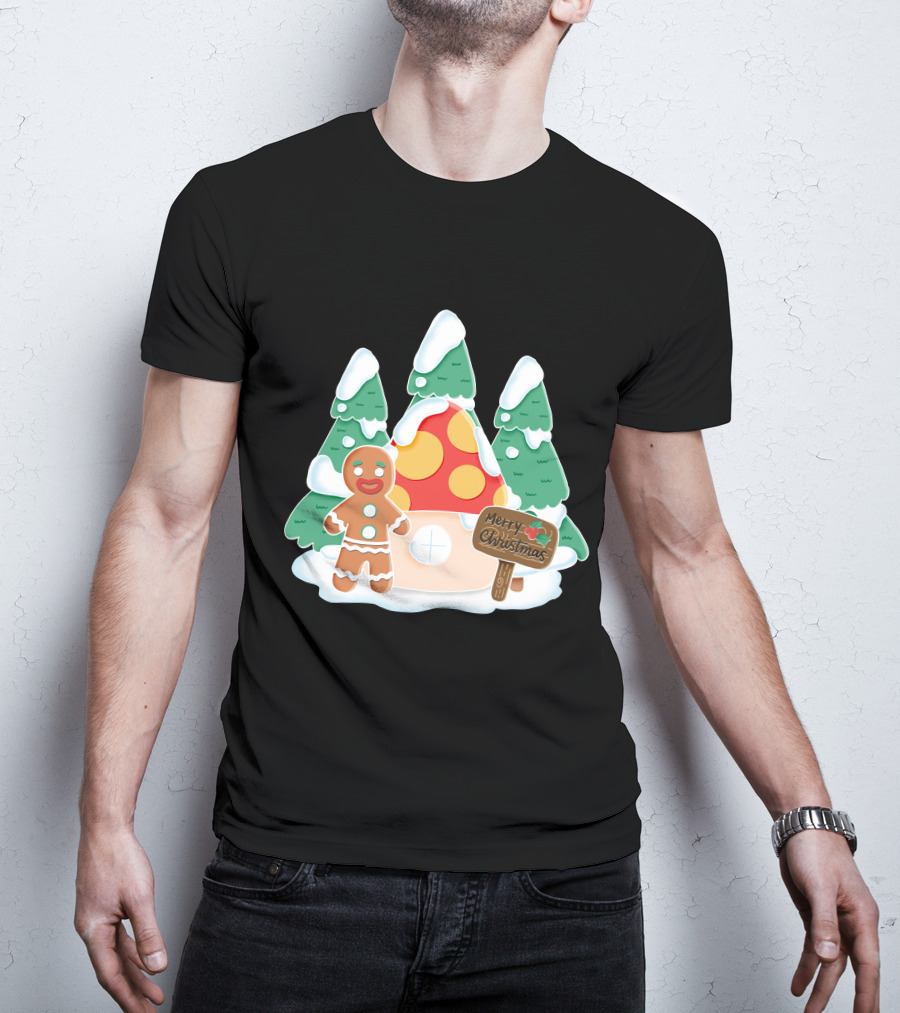 Merry Christmas Gingerman House With Snowy Trees And Mushroom Roof T-Shirt
