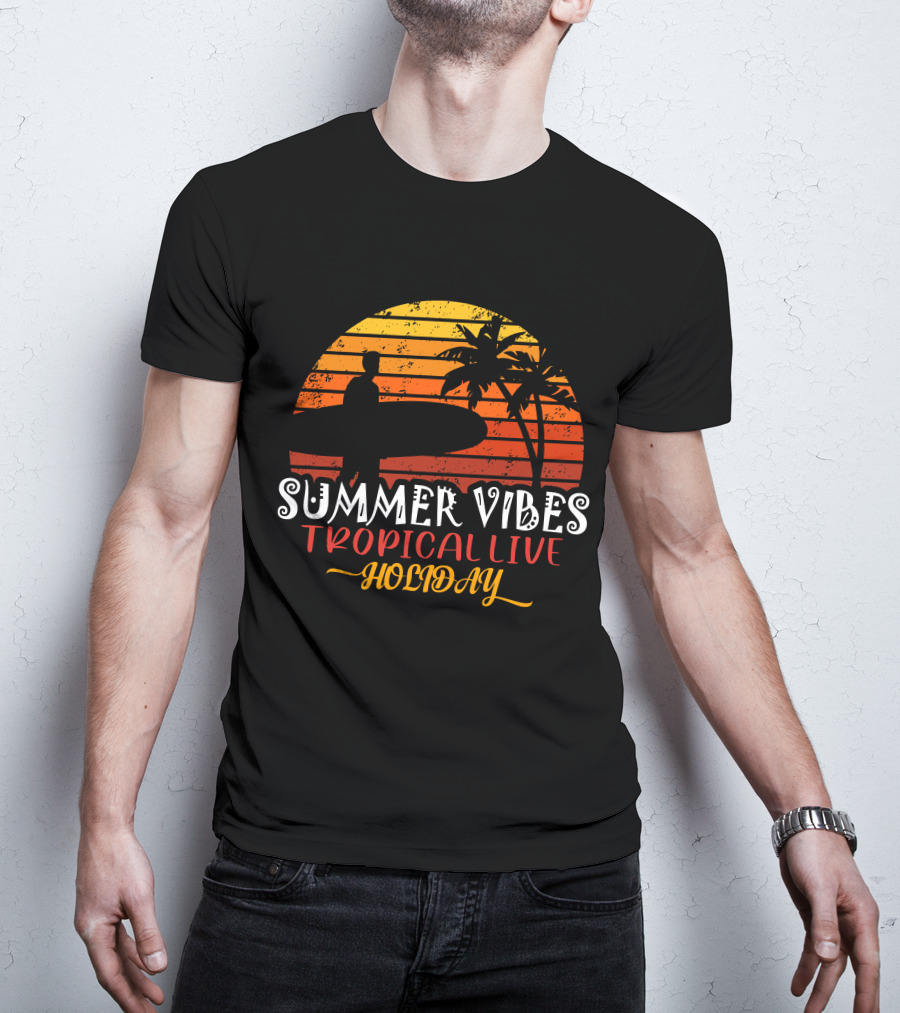 Summer Vibes Tropical Live Holiday Surfer Sunset Palms T-Shirt