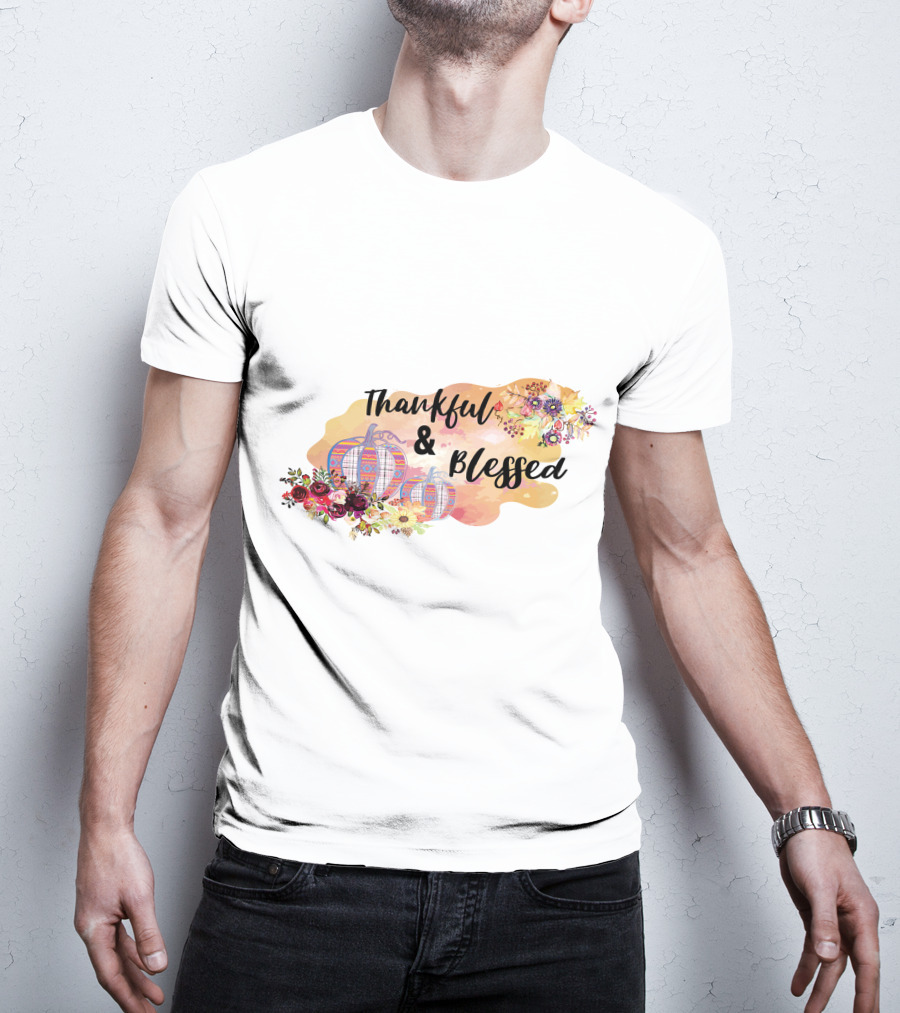 Thankful And Blessed Floral Watercolor Pumpkins T-Shirt