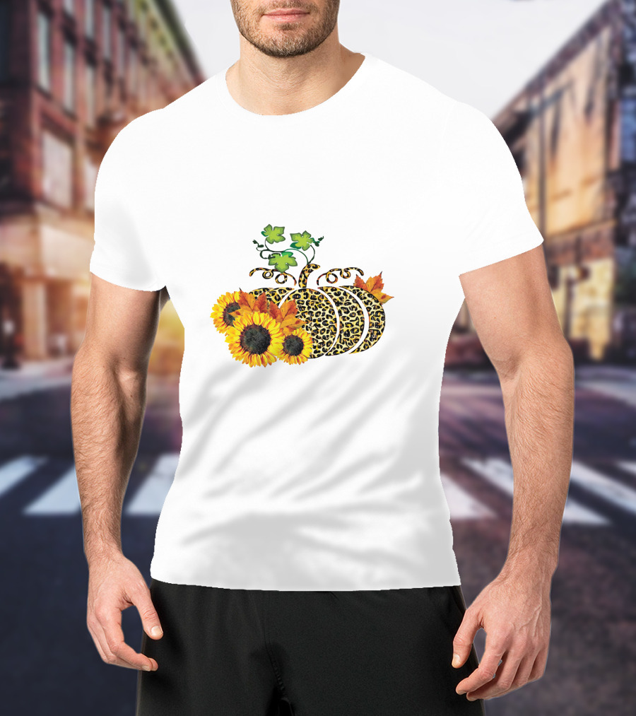 Thanksgiving Leopard Pumpkin Sunflowers And Leaves T-Shirt
