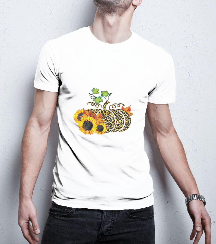 Thanksgiving Leopard Pumpkin Sunflowers And Leaves T-Shirt