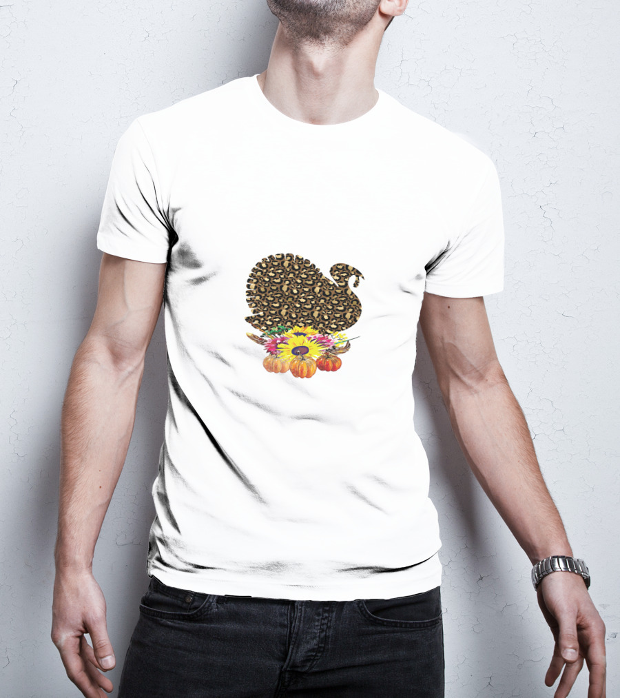 Leopard Turkey Thanksgiving With Floral Pumpkin Arrangement T-Shirt