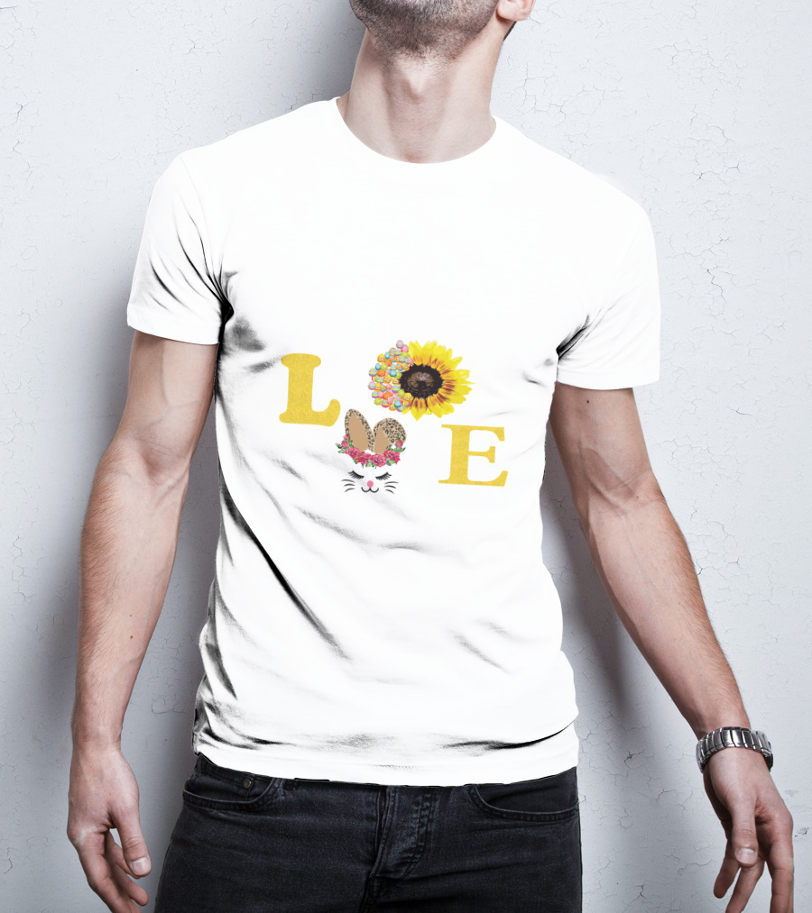 Love Sunflower Bunny With Floral Ears And Cheetah Print Bow T-Shirt