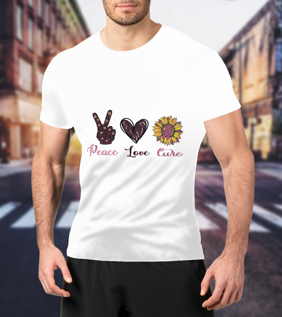 Peace Love Cure Breast Cancer Sunflower Heart And Peace Sign T-Shirt