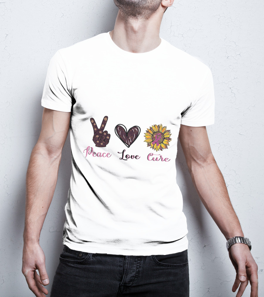 Peace Love Cure Breast Cancer Sunflower Heart And Peace Sign T-Shirt