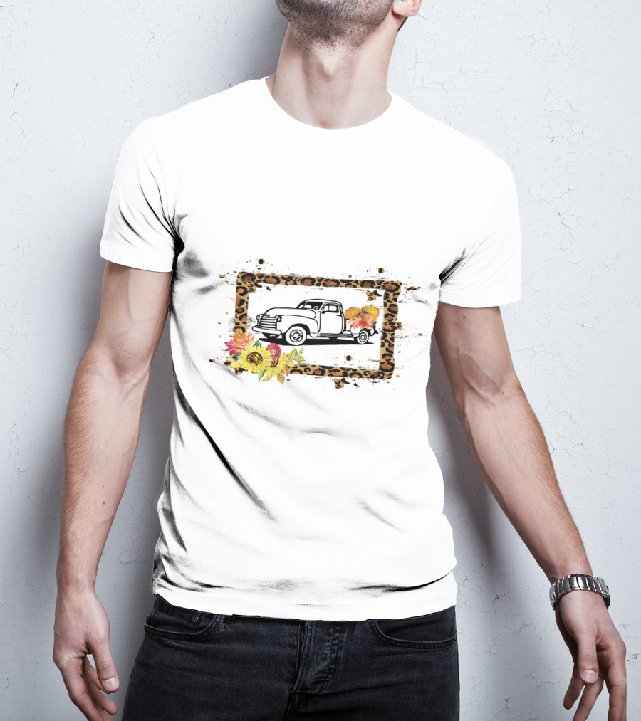 Truck With Pumpkins And Leopard Print Frame With Sunflowers T-Shirt