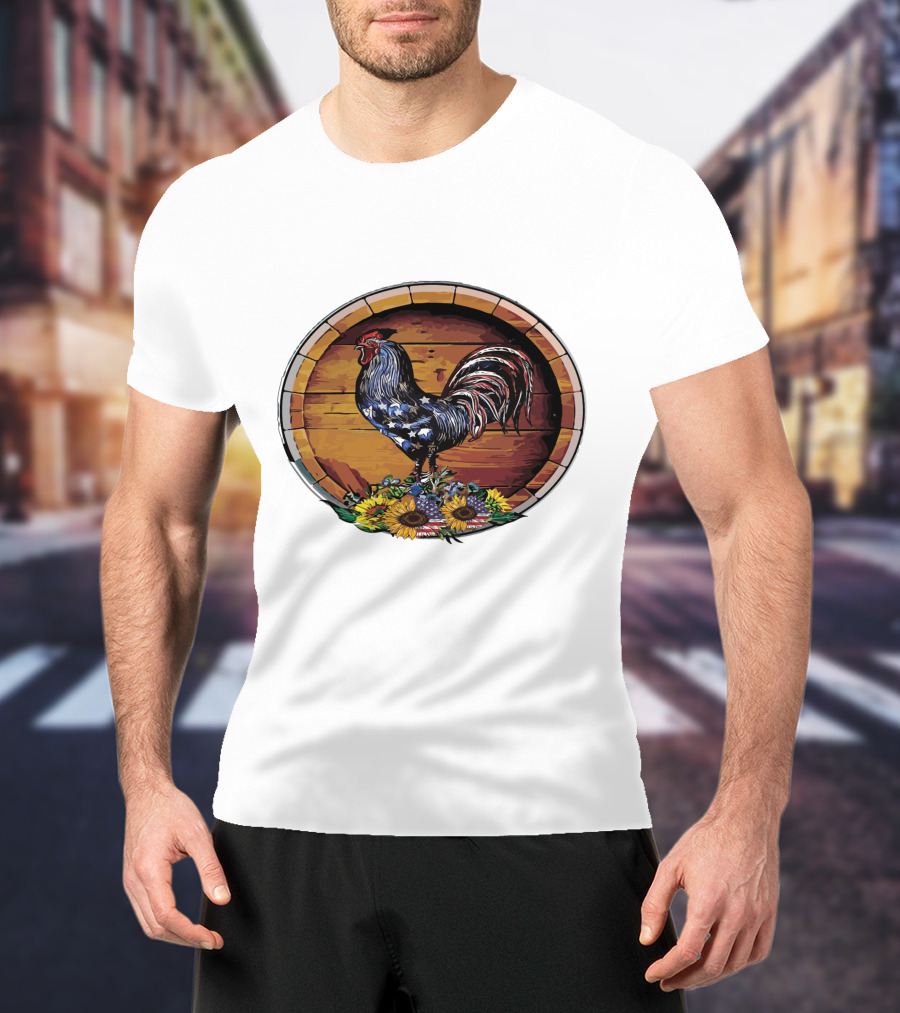 USA Rooster On Wine Barrel With Sunflowers T-Shirt