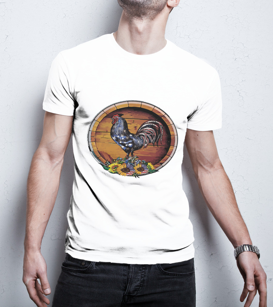 USA Rooster On Wine Barrel With Sunflowers T-Shirt