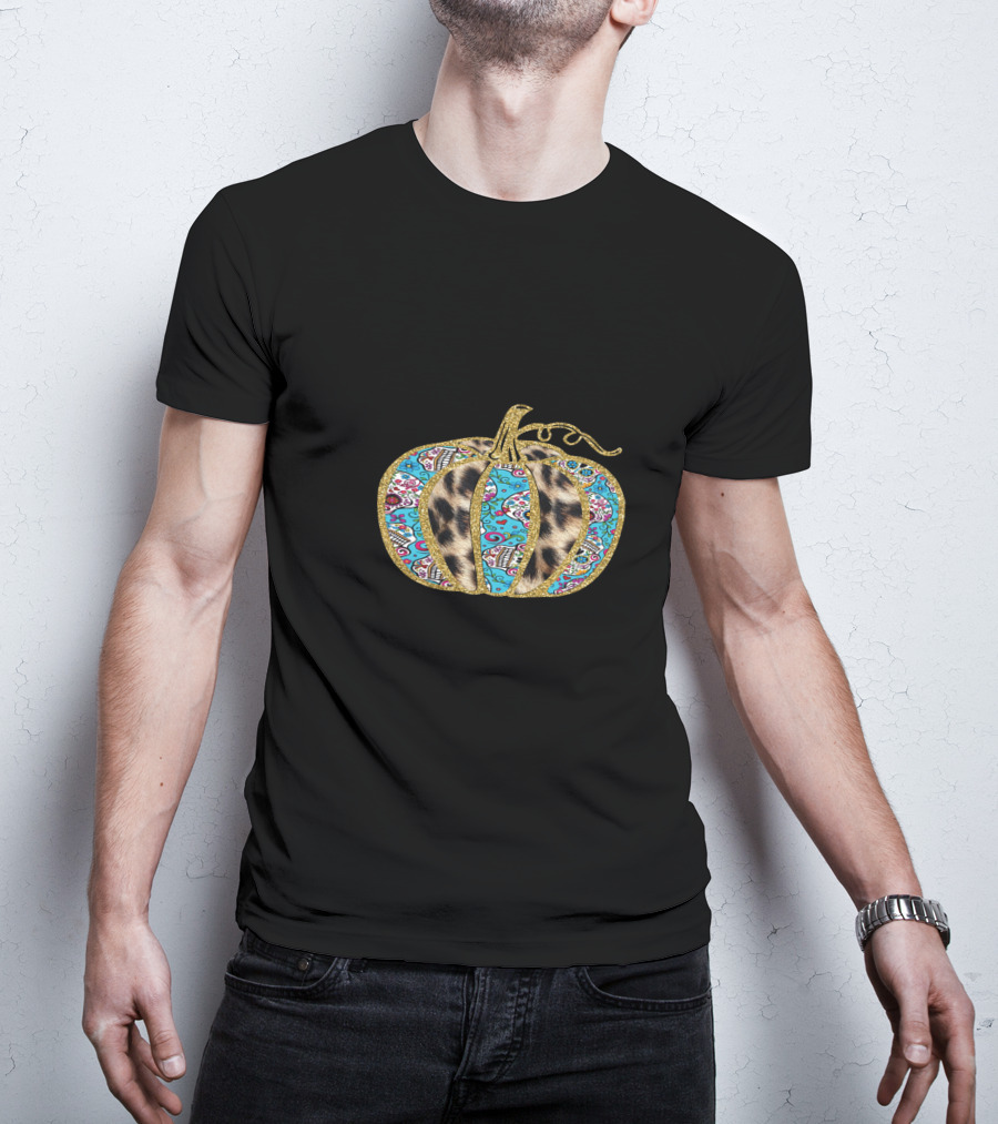 Leopard Turquoise Sugar Skull Pattern Pumpkin T-Shirt