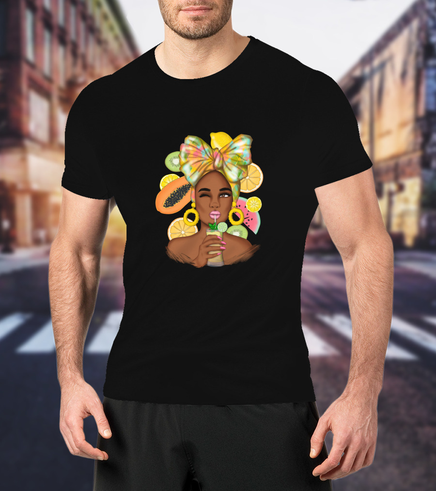 Fruit Design Afro Woman With Colorful Headwrap And Tropical Fruits T-Shirt