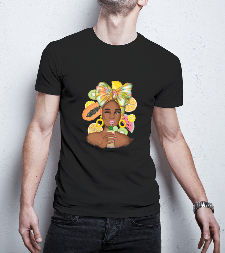 Fruit Design Afro Woman With Colorful Headwrap And Tropical Fruits T-Shirt