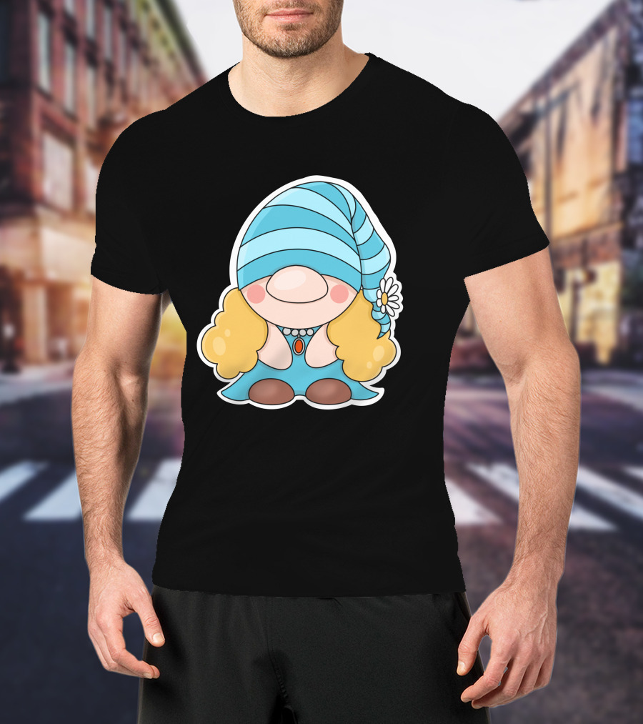 Gnome Sticker Blue Hat Daisy Blonde Hair Cute Comic T-Shirt