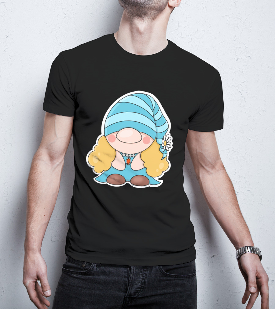 Gnome Sticker Blue Hat Daisy Blonde Hair Cute Comic T-Shirt
