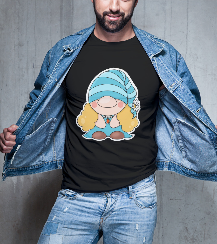 Gnome Sticker Blue Hat Daisy Blonde Hair Cute Comic T-Shirt