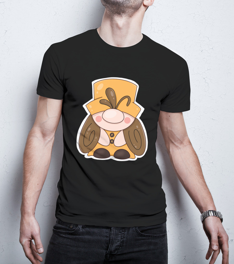 Gnome Vibes Whimsical Yellow Hat Brown Twirls T-Shirt