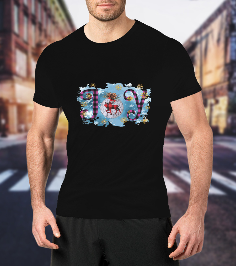 Joy Plaid Christmas Reindeer Snowflakes Pinecones T-Shirt