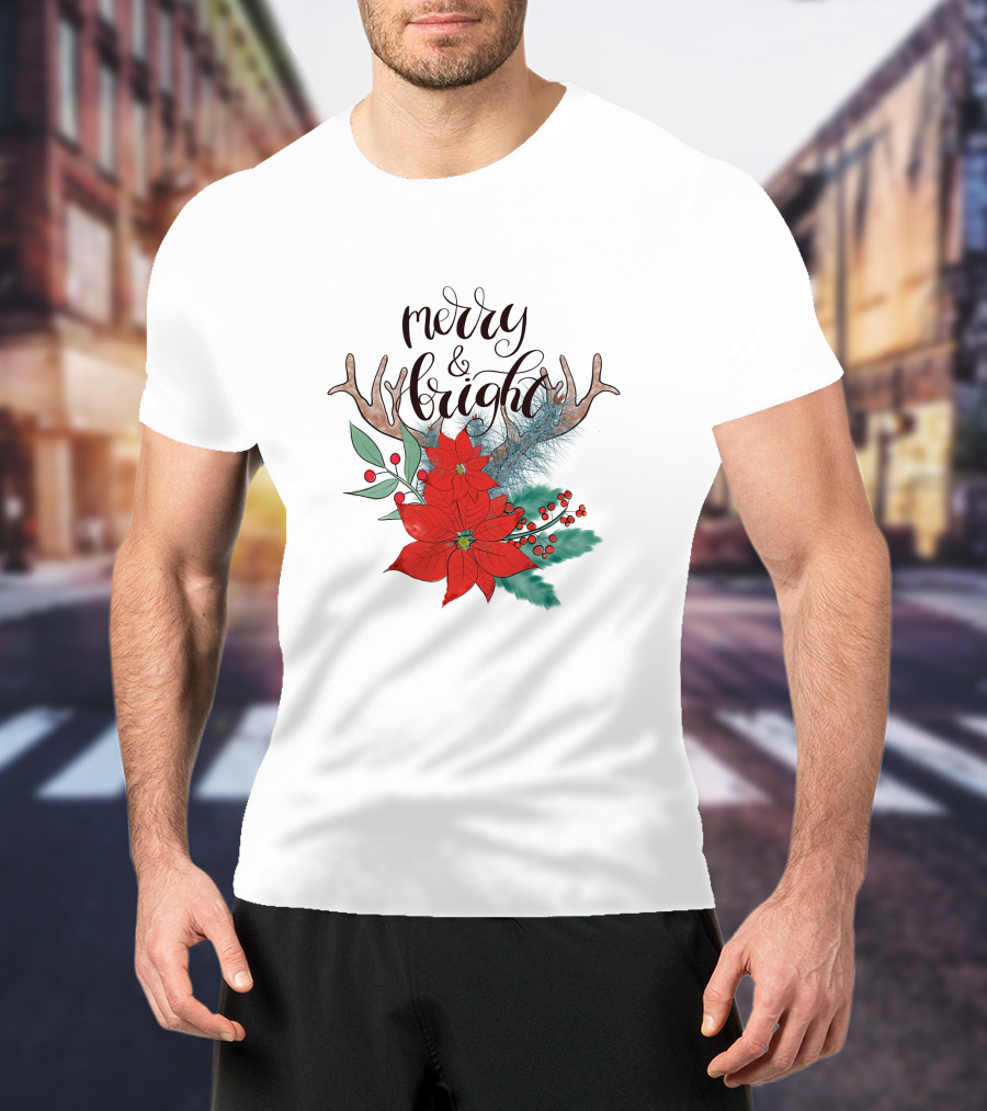 Merry And Bright Antler Poinsettia Christmas Florals T-Shirt