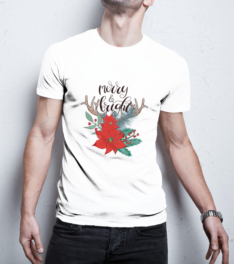 Merry And Bright Antler Poinsettia Christmas Florals T-Shirt