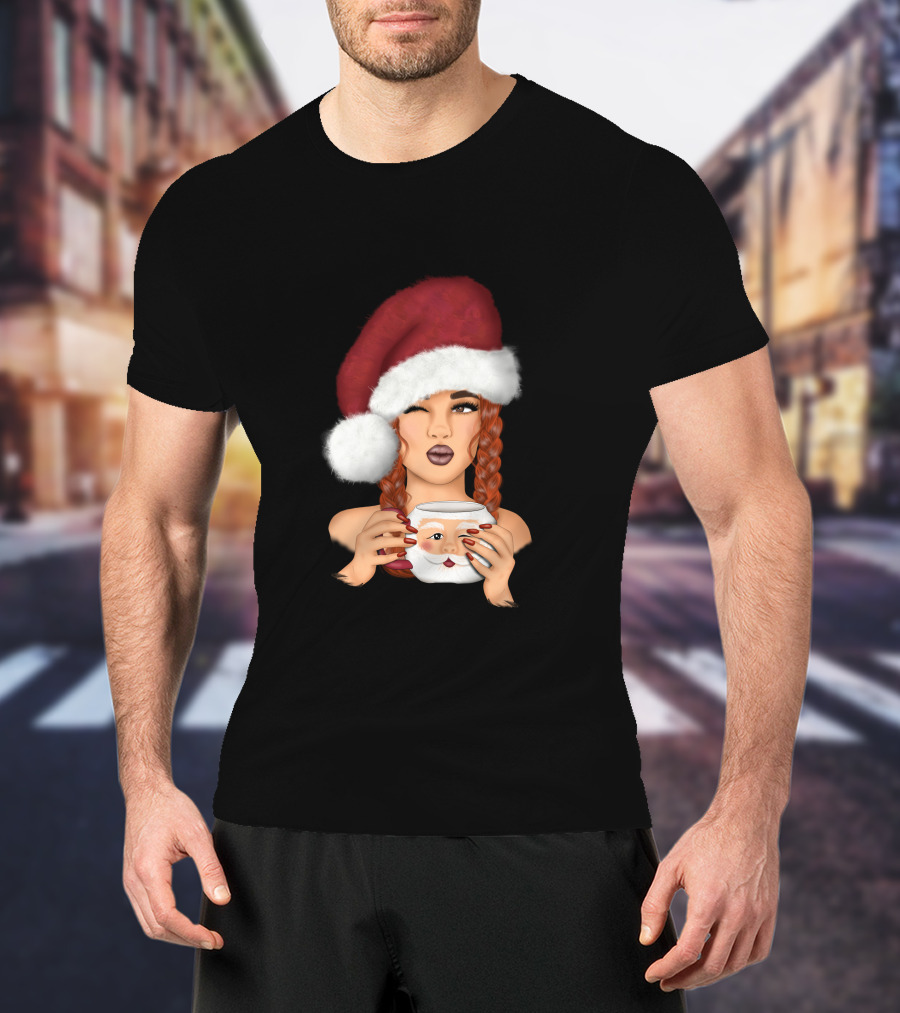Christmas Red Hair Girl With Santa Hat And Santa Mug T-Shirt
