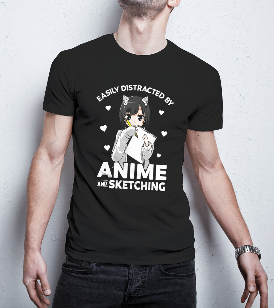 Easily Distracted By Anime And Sketching Cute Anime Girl With Sketchbook And Hearts T-Shirt