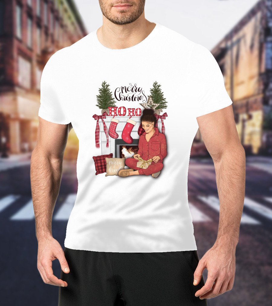 Merry Christmas Ho Ho Ho Girl By Fireplace With Stockings And Christmas Tree Decor T-Shirt