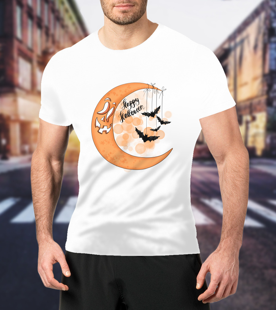 Happy Halloween Moon With Bats And Jack-O'-Lantern Face T-Shirt